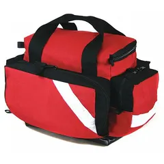 This red nylon medical duffel bag measures 21 inches long, 15 inches wide, and 10 inches high. It features a zipper closure and a removable interior lining for easy cleaning. Suitable for organizing and transporting emergency medical supplies, first aid equipment, and trauma gear in industrial or field settings.