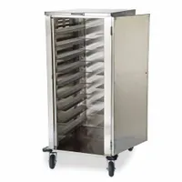 This LAKESIDE meal delivery cart is constructed of stainless steel with a silver finish and features two doors for access. It is non-pass-through design with two swivel casters for maneuverability. The cart has an overall height of 64 inches and is NSF certified. Suitable for transporting meals in institutional settings such as hospitals, schools, and nursing homes