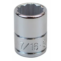 This 1/4" drive hand socket features a 7/16" SAE size with a 12-point, standard profile and a chrome finish. It is used for tightening or loosening hex fasteners in automotive repair, machinery maintenance, and general assembly tasks.