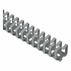 This flexible wiring duct is made of polypropylene in light gray, with a nominal height and width of 2 inches and a slot width of 0.3 inches. It features an interlocking finger wall design and adhesive mounting for organizing and routing cables in control panels, data centers, and industrial equipment. The duct length is 19.7 inches and does not include a cover.