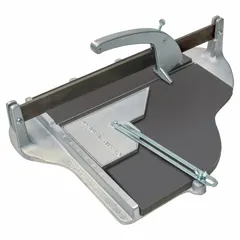 Manual tile cutter with 16-inch straight cutting length. Features a carbide cutting wheel and metal frame with carbide components. Designed for making straight cuts on ceramic, porcelain, or stone tiles in flooring, wall tiling, and renovation projects.
