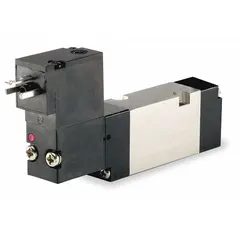 Four-way, two-position solenoid air control valve with base-mounted body and single solenoid. Operates on 120V AC with internal pilot actuation and spring return. Normally open, non-locking design includes solenoid coil. Used for directional control of compressed air in pneumatic actuators and automated systems.