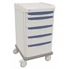 This medical procedure cart from METRO features a taupe polymer cabinet with white drawers. It includes 5 drawers and 1 shelf for organizing supplies. The cart is equipped with 4 swivel casters for easy maneuverability in clinical environments.