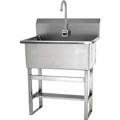 This one-station freestanding hand sink features a sensor-operated faucet with a 2 gpm flow rate, powered by AC. The bowl measures 22 inches in length and 10 1/2 inches in depth. It is designed for hands-free operation in settings requiring hygiene, such as healthcare, food service, and laboratories. Side splash is not included.
