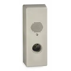 This standard door alarm features a steel body in gray with a mortise cylinder type. It operates on a 9 V DC battery and emits a 105 dB siren sound. Typical applications include securing emergency exit doors in commercial buildings such as warehouses, retail stores, and offices.