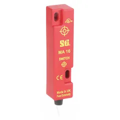 This OMRON MA Series safety-interlock switch features a 1NC contact configuration and is pre-cabled with a 9.84 ft cable. It does not include an indicating light. The switch is used to monitor the position of movable guards on industrial machinery, such as access doors, hatches, and safety gates, to stop hazardous motion when the guard is opened.