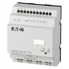 The Eaton Easy E4 smart relay provides logic, timing, and counting functions for industrial automation and building control. It features 8 digital inputs and 4 transistor outputs, operates on 24V AC/DC, and includes an integrated clock for time-based control applications.