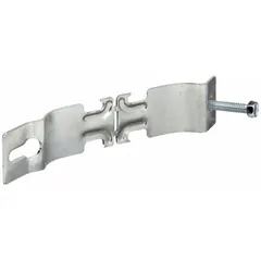 Steel angler conduit clamp with electroplated silver finish for securing 1-1/4 in rigid metal conduit (RMC) to structural surfaces. Used in electrical installations to support and fasten conduit runs.