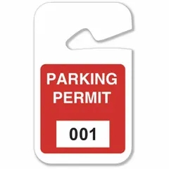 This red plastic parking hanger is designed for displaying vehicle parking authorization in lots or garages. It features a card height of 4 3/4 inches and an overall width of 2 3/4 inches, fitting standard rearview mirrors. Suitable for facility management and parking control applications.