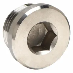 316L stainless steel plug with 1 in BSPP threading, rated for maximum operating pressure of 630 bar, and overall length of 29/32 in. Used to seal ports in high-pressure hydraulic systems.