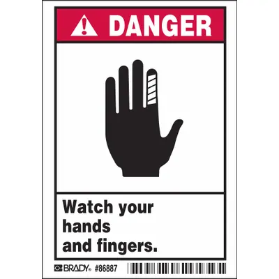 BRADY Label: Polyester, Adhesive Sign Mounting, 5 in x 3 1/2 in Nominal Sign Size - Danger: Watch Your Hands And Fingers. Signs