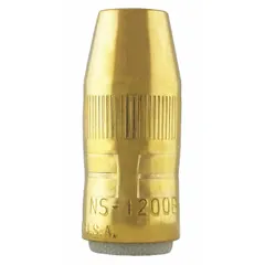 Self-insulated standard-duty MIG welding nozzle from the Centerfire Series. Brass construction with a conical shape and flush nozzle-to-tip relationship. Designed for use with Centerfire contact tips to direct shielding gas and protect the tip in general fabrication and light industrial welding applications.