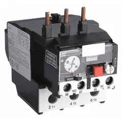 Three-pole IEC thermal overload relay with integrated bimetallic elements, eliminating the need for separate thermal units. Features 1NO/1NC auxiliary contacts and phase loss sensitivity for motor protection in the 28 A to 36 A range. Compatible with Dayton contactors rated 25 to 32 Amps. Used in motor control applications to protect against overload and phase loss conditions.