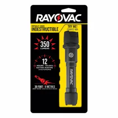 Portable flashlight with 350 lumens maximum brightness, 154 m beam distance, and 2-hour runtime at max output. Features two light outputs for adjustable illumination. Includes 2 AA batteries. Suitable for general-purpose handheld lighting in maintenance, inspection, and outdoor tasks.