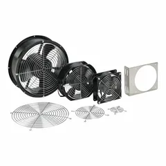 This standard round axial fan from NVENT HOFFMAN features a 10-inch diameter and 3 3/4-inch depth, with a steel housing. It operates on 115V AC and includes a plug-in connection for easy installation. Mounting hardware is supplied. Typical applications include cooling electrical enclosures and industrial cabinets to dissipate heat from components.
