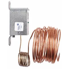 Single-stage freeze protection control with steel enclosure, fixed 12°F differential, and SPST switch that closes on temperature rise. Operates on 24 to 277V AC. Includes 4 ft capillary with 20 ft x 1/8 in bulb. Used for preventing freezing in HVAC, refrigeration, and process heating systems.