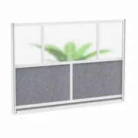 Freestanding room divider with an aluminum frame in Eggshell finish and gray plastic panels with clear secondary panels. Designed to create flexible, private workspaces in open-plan offices, training rooms, or collaborative areas needing quick reconfiguration