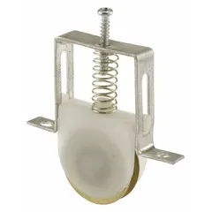 This roller assembly is designed for sliding screen or storm doors, providing smooth rolling support. It features a single roller (1 PR) with an overall height and length of 5 13/32 inches. The assembly has a gray unfinished finish.