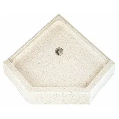 This FIAT PRODUCTS shower base is a neo-angle terrazzo unit with a single threshold, designed for corner drain installations. It measures 36 inches in overall length and 4 inches in overall height. Suitable for use in residential or light-commercial shower applications.