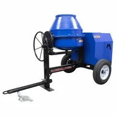 This gas-powered concrete mixer features a 6 cu ft steel drum and a reinforced square tubular frame. It is designed for mixing concrete on construction sites, providing a portable solution for job sites requiring batch mixing.