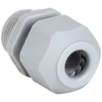 Straight nylon cable grip with PG21 male thread for liquid-tight connections to enclosures. Rated IP66 for dust and water jet protection. Cord diameter range 0.45 to 0.71 in. Overall length 1 7/8 in. Suitable for sealing and strain-relieving cables in industrial and washdown environments