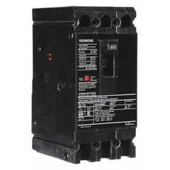 Siemens HED4 series molded case circuit breaker rated 60A with a maximum interrupting rating of 42kA at 480V AC. Features fixed instantaneous trip, ABC phase connection, and load-side lug terminals. Suitable for overcurrent protection in electrical distribution systems.