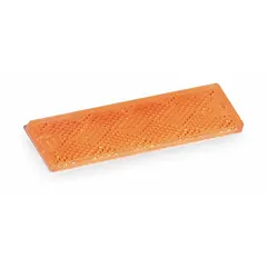Rectangular amber stick-on reflector made of acrylic. Measures 4 7/16 in overall length by 1 3/16 in overall width. Meets SAE A standards. Used for side or rear marking on trailers, trucks, and heavy equipment to improve visibility in low-light conditions.