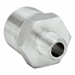This straight pipe fitting is made from 316 stainless steel for corrosion resistance. It has a 1 in x 1/2 in size and is rated for 5400 psi. With a length of 2 3/32 in, it is used in high-pressure hydraulic or pneumatic systems to connect pipes requiring leak-free joints.