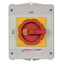 This Siemens non-fusible disconnect switch is rated for 63 A and three-phase operation. It features a black handle and a plastic (non-metallic) enclosure suitable for indoor and outdoor use. CSA certified, it is used to safely isolate electrical circuits for maintenance or emergency shutdown in industrial and commercial applications.
