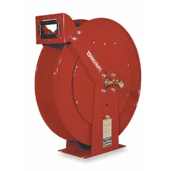 Spring-return hose reel for pressure-washing applications. Stores and deploys up to 100 ft of 3/8 in I.D. hose at 5,000 psi max operating pressure. Nickel-plated steel swivel and red finish. Overall dimensions: 24 in L x 10-1/2 in W x 25-3/8 in H.
