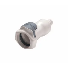 This polysulfone quick-disconnect tube fitting features a 3/8 in ID barbed end for flexible tubing connection and a quick-disconnect coupler for tool-free line changes. It is used in fluid transfer applications requiring frequent disconnection and reconnection.
