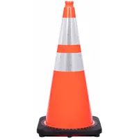 This 28-inch orange traffic cone is made of PVC with high-intensity prismatic bands for enhanced visibility. It features a black base and a grip top for easy handling. Suitable for roadway work zones, traffic control, and hazard marking in construction sites, parking lots, and event safety