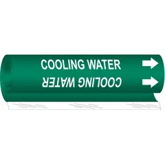 Green wrap-around pipe marker with white 'Cooling Water' legend and directional arrows. Fits pipe outer diameters from 1/2 to 1-3/8 inches. Used to identify cooling water lines in industrial piping systems for safety and compliance.