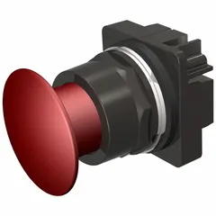 This 30 mm mushroom-head push-button operator from Siemens Series 52 features a maintained action, locking in the actuated position until manually reset. The non-metallic push button material provides a durable interface suitable for industrial control panel applications requiring sustained operator input.
