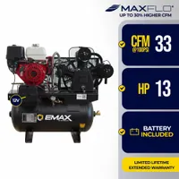 EMAX Gas Engine Air Compressor: 2 Stage, 13 hp Engine, EMAX, 26 cfm, 30 gal Air Tank, Horizontal (MPN EGES1330ZT)