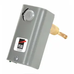 Single-stage line-voltage mechanical thermostat with knob control and manual reset differential. SPST switch opens on rise, rated 24 to 600V AC. Temperature range 100° to 240°F with 6°F differential. 1/2 in NPT well connection. Used for temperature regulation in HVAC and process equipment.