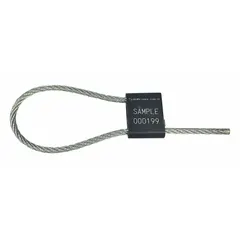 Adjustable-length cable seals with aluminum body, 12-inch cable length, and 3/16-inch cable diameter. White marking displays 'Sealed' with random numbering. Supplied in a 200-pack. Used for tamper-evident security on cargo containers, trucks, and industrial equipment.