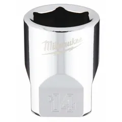 This MILWAUKEE hand socket features a 1/4 in drive and 14 mm socket size with a 6-point design. The chrome finish provides corrosion resistance. Its anti-roll geometry prevents the socket from rolling on flat surfaces. Suitable for tightening or loosening metric hex fasteners in general maintenance and repair tasks.