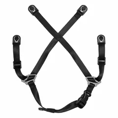 Black cotton chin strap with four attachment points for securing safety helmets. Provides a comfortable fit for industrial head protection applications such as construction, manufacturing, and maintenance.