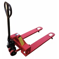 This Dayton pallet jack has a 5000 lb capacity with standard fixed steel forks measuring 48 in length and 27 in overall width. The 13 in width between forks accommodates standard pallets. Its low-profile design is suited for material handling in warehouses and industrial settings.