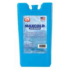 Solid gel ice pack in blue, measuring 4 1/4 in length, 7 15/16 in width, and 15/16 in thickness. Reusable design provides consistent cooling without water leakage. Suitable for use in coolers, lunch boxes, and insulated bags for food preservation or temperature-sensitive transport.