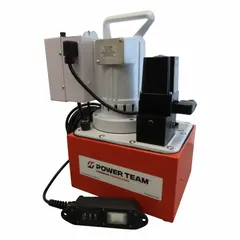 This corded portable electric hydraulic pump unit delivers a maximum operating pressure of 10,000 psi and a maximum flow rate of 704 cu in/min. It operates on 110/115V AC power and is suited for powering single-acting and double-acting hydraulic cylinders in industrial lifting, pressing, and clamping applications.