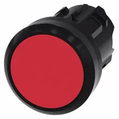 This flush-mount push-button operator from the Siemens 3SU series features a red non-metallic actuator with momentary action. It is designed for 22 mm panel cutouts and provides a control interface for industrial machinery, automation systems, and control panels.