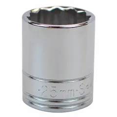 This 1/2" drive hand socket features a 25 mm metric size with a 12-point configuration for secure engagement on fasteners. Constructed from chrome, it is suited for turning nuts and bolts in automotive repair, machinery maintenance, and general assembly tasks.