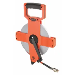 Manual open-reel long tape measure with a 50 m metric fiberglass blade. Features single-sided 2 mm graduations, a nonmagnetic single hook tip, and a plastic case. Suitable for measuring distances in construction, surveying, and industrial layout tasks.