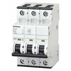 This 3-pole supplementary protector from the Siemens 5SY4 series features a C-curve trip characteristic and a rated current of 63 A. It is designed for DIN-rail mounting and provides overcurrent and short-circuit protection in branch circuits and equipment. The unit has an AC voltage rating of 400V AC and a DC voltage rating of 72V DC, with a maximum interrupting rating of 10kA at 400V AC. Terminal connections are made via screw clamps.