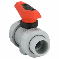 CPVC ball valve with straight body and tee handle. Rated for maximum pressure of 16 bar (CWP). Used for on/off flow control in CPVC piping systems.