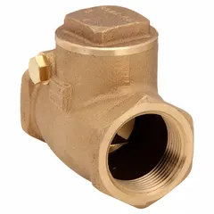 This bronze inline swing check valve features a swing disc that permits flow in one direction and prevents backflow. It has a 1-1/4 inch pipe size with female NPT threads on both ends. Suitable for use in water, oil, and gas lines where backflow prevention is required.