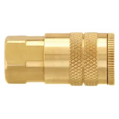 Brass quick-connect coupling body for compressed air systems. Features 1/8"-27 female thread and sleeve locking mechanism. Used to connect pneumatic tools and hoses in industrial interchange applications.