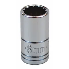 This 1/4" drive hand socket features an 8 mm metric size with a 12-point standard configuration. The chrome finish provides corrosion resistance. Suitable for tightening or loosening metric fasteners in automotive, machinery, and general mechanical applications.